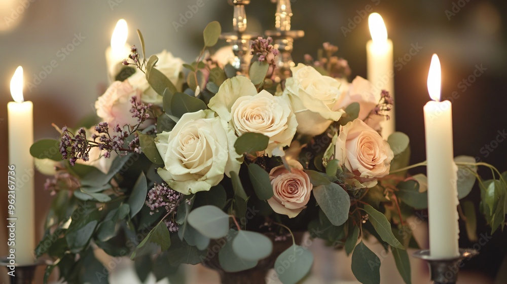 Obraz premium A romantic, candlelit flower arrangement with roses and eucalyptus, arranged in an antique candelabra for a vintage atmosphere
