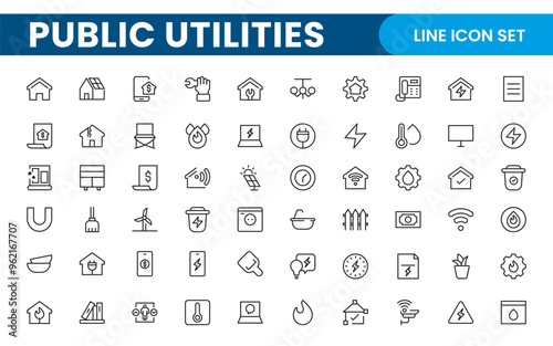 Public utilities linear signed icon collection. Signed thin line icons collection. Set of public utilities simple outline icons.