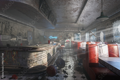 Canvastavla Ruined interior of an old diner