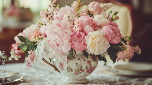 A romantic Victorian-inspired arrangement with delicate pink peonies, lace, and a vintage teapot as the centerpiece