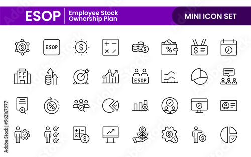 Outline icons about ESOP employee stock ownership plan. Contains such icons as company, win-win, scheme and benefits.