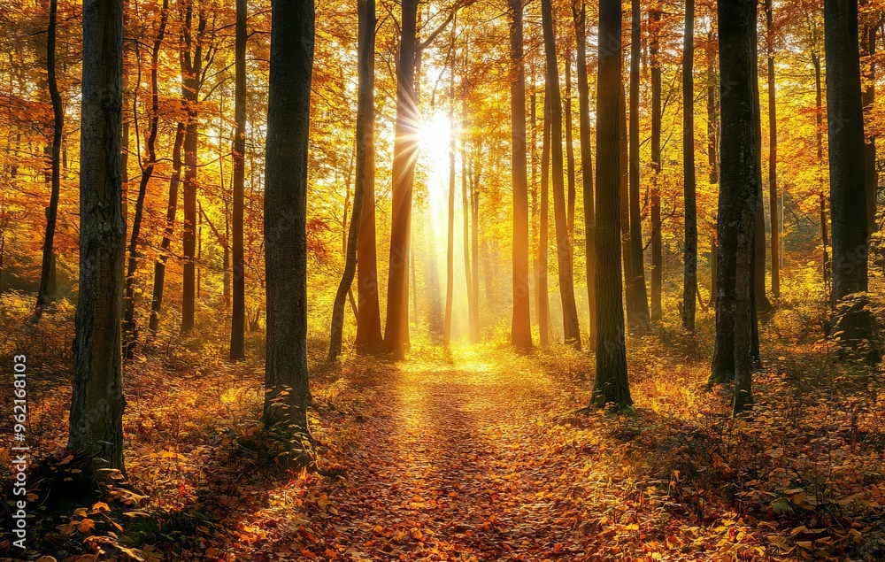 Fototapeta premium Golden Autumn Forest in Tranquil Light, AI generated illustration