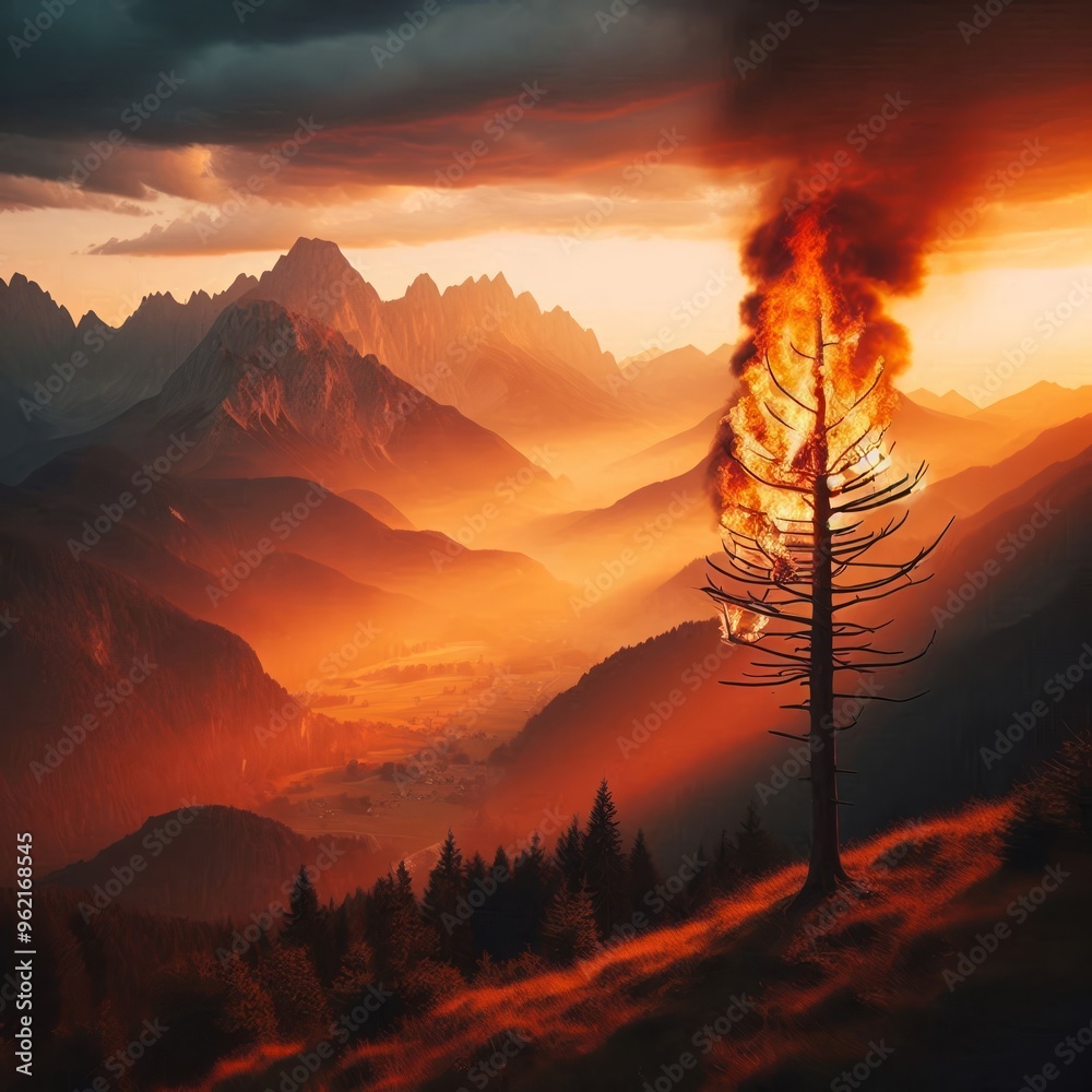 A lone tree burns fiercely amidst a dramatic mountainous landscape at sunset. Fiery Peaks at Dusk, AI generated image global warming concept