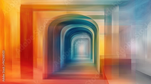 A colorful abstract painting of a hallway with many colors, AI