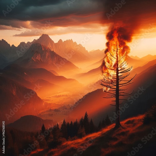 Obraz na płótnie A lone tree burns fiercely amidst a dramatic mountainous landscape at sunset. Fiery Peaks at Dusk, AI generated image global warming concept w salonie