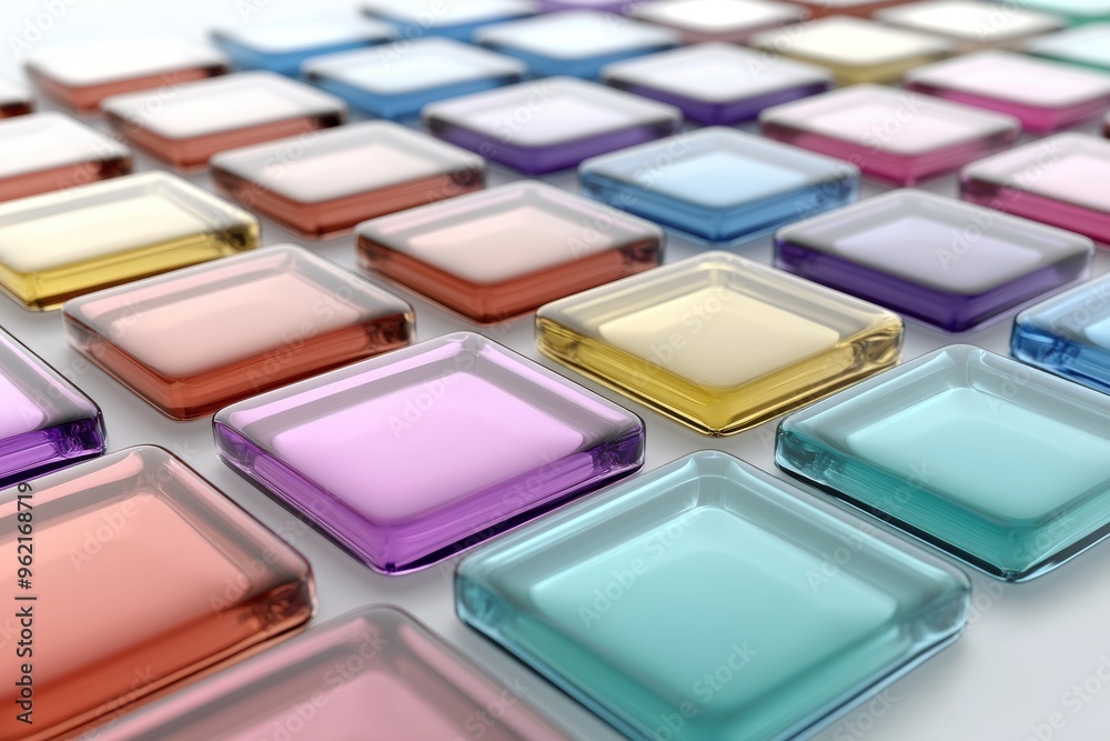Colorful square glass containers arranged in rows Colorful square glass containers arranged in rows