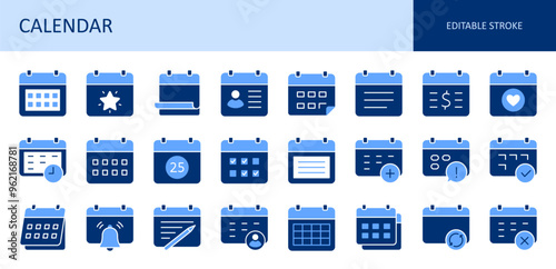 Vector icons calendar. Work and personal life planning, ogranizer to-do list. Keep a diary and tax bill payment calendars. Meeting dates, vacation and birthday. Editable stroke blue solid set.