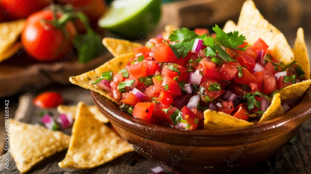 A bowl of fresh salsa with tortilla chips, tomatoes, onions, and cilantro. A bowl of fresh salsa with tortilla chips, tomatoes, onions, and cilantro.