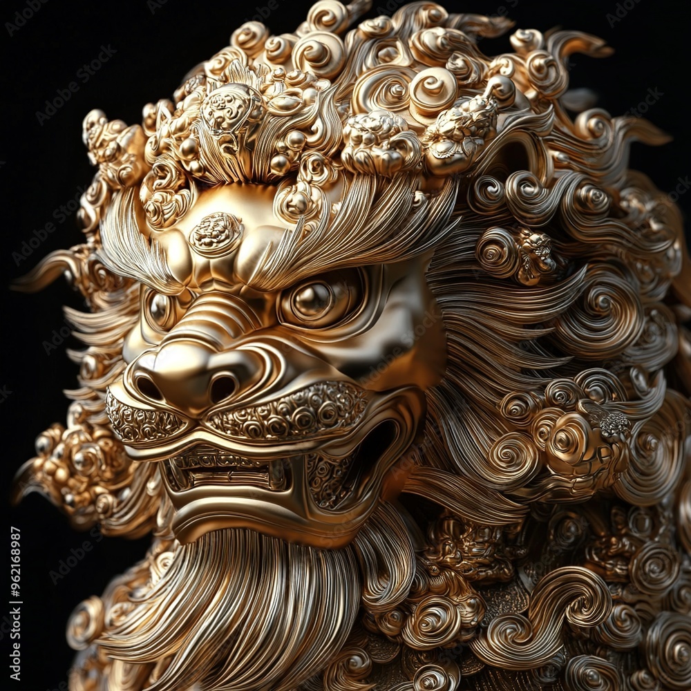 Fototapeta premium A golden lion head, made of gold material with traditional auspicious cloud patterns on its body 