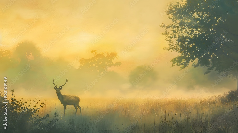 Majestic Deer in a Misty Golden Sunrise Majestic Deer in a Misty Golden Sunrise