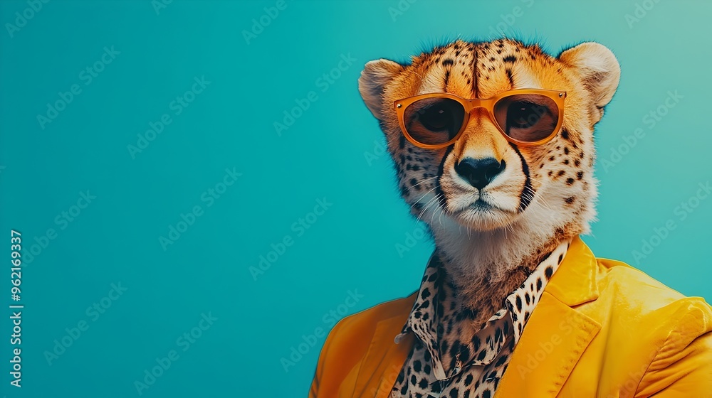 Fototapeta premium Surreal Cheetah in Boho-Chic Outfit with Sunglasses on Colored Background