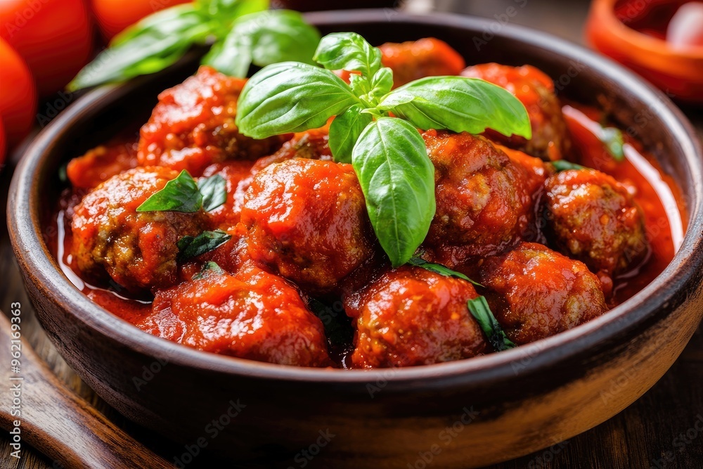 A rustic bowl of meatballs simmering in a rich tomato sauce, garnished with fresh basil A rustic bowl of meatballs simmering in a rich tomato sauce, garnished with fresh basil