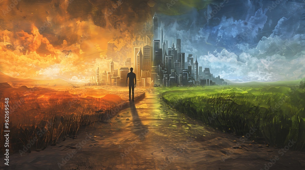 Naklejka premium A lone figure standing at a crossroads, with one path leading to a golden city and the other to a simple, green meadow, symbolizing the choice between material wealth and inner peace