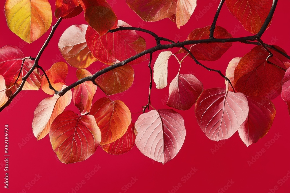 Vibrant autumn leaves on vivid red background Vibrant autumn leaves on vivid red background