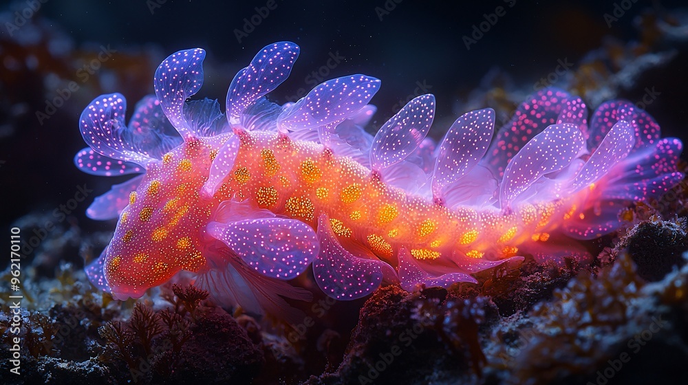 Naklejka premium A stunning bioluminescent creature in extreme conditions, with vivid glowing patterns