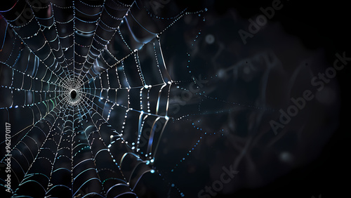  abstract background of an intricate spider web with delicate, shimmering silver threads against a dark, misty backdrop