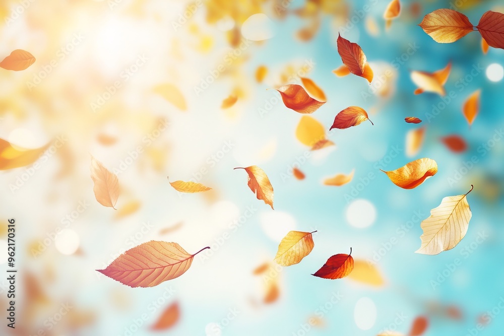 Autumn Leaves Falling in the Air with Light Blue Background. AI generated illustration Autumn Leaves Falling in the Air with Light Blue Background. AI generated illustration