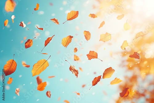 Autumn Leaves Falling in the Air with Light Blue Background. AI generated illustration