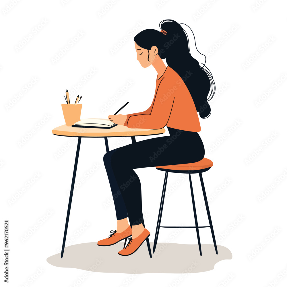 Girl in a cafe working on table Girl in a cafe working on table