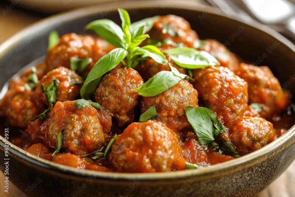 A rustic bowl of meatballs simmering in a rich tomato sauce, garnished with fresh basil A rustic bowl of meatballs simmering in a rich tomato sauce, garnished with fresh basil