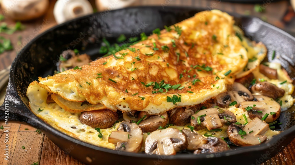 A perfectly cooked omelet with sauteed mushrooms in a cast iron skillet, garnished with fresh parsley. A perfectly cooked omelet with sauteed mushrooms in a cast iron skillet, garnished with fresh parsley.