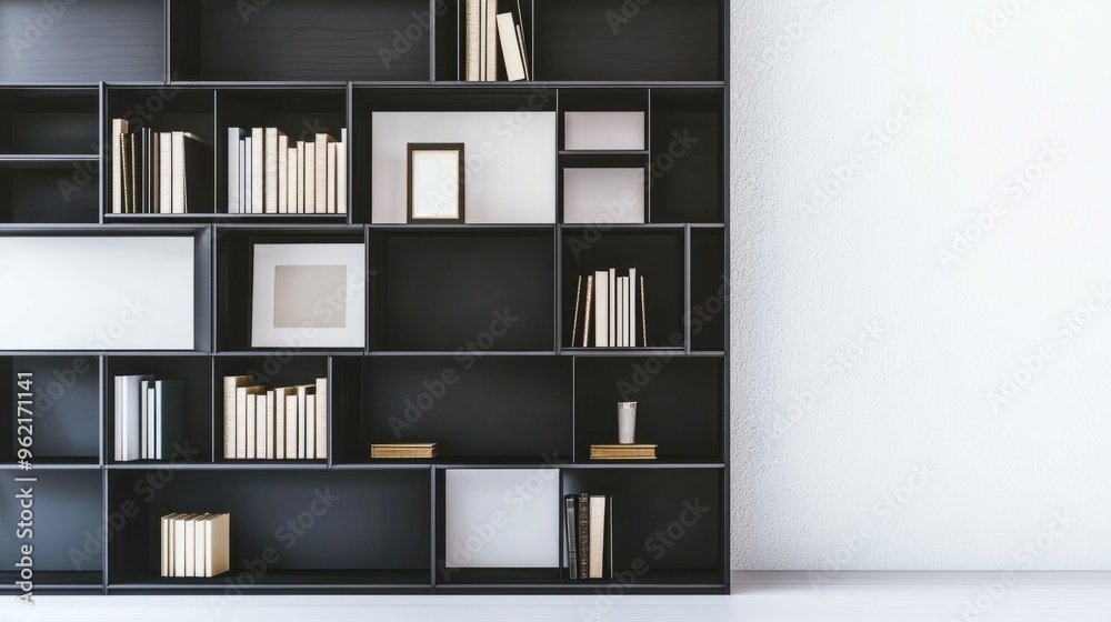 very high and long storage dark bookshelf with the book, picture frame and others decorations on every floors with minimal style, white background very high and long storage dark bookshelf with the book, picture frame and others decorations on every floors with minimal style, white background