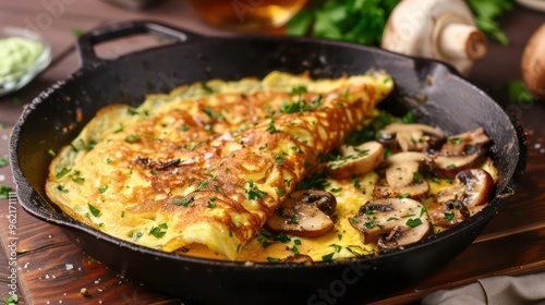 A golden-brown omelet filled with sauteed mushrooms in a cast iron skillet, garnished with parsley.