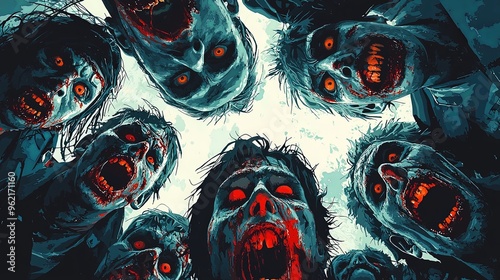 A close-up image showing the horrifying faces of multiple zombies with glowing eyes and open mouths, creating an intense, frightful, and chilling atmosphere. photo