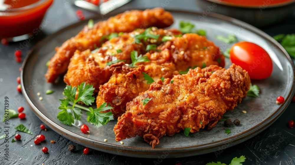 Crispy chicken tenders with a crispy golden breading, served with a side of ketchup and fresh parsley on a grey plate. Crispy chicken tenders with a crispy golden breading, served with a side of ketchup and fresh parsley on a grey plate.