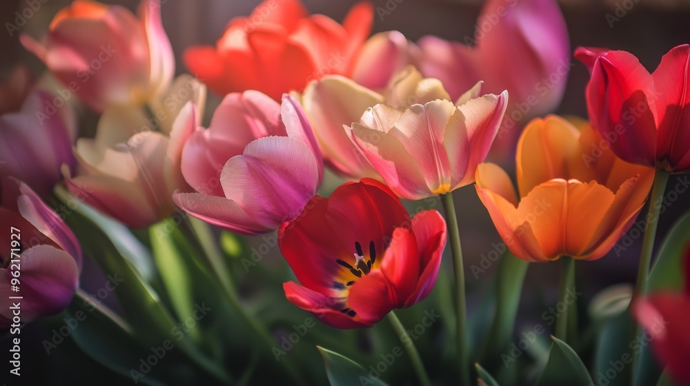 Fototapeta premium Close-up view of a cluster of colorful tulips with rich, saturated hues and smooth, velvety petals, capturing their elegance and charm.