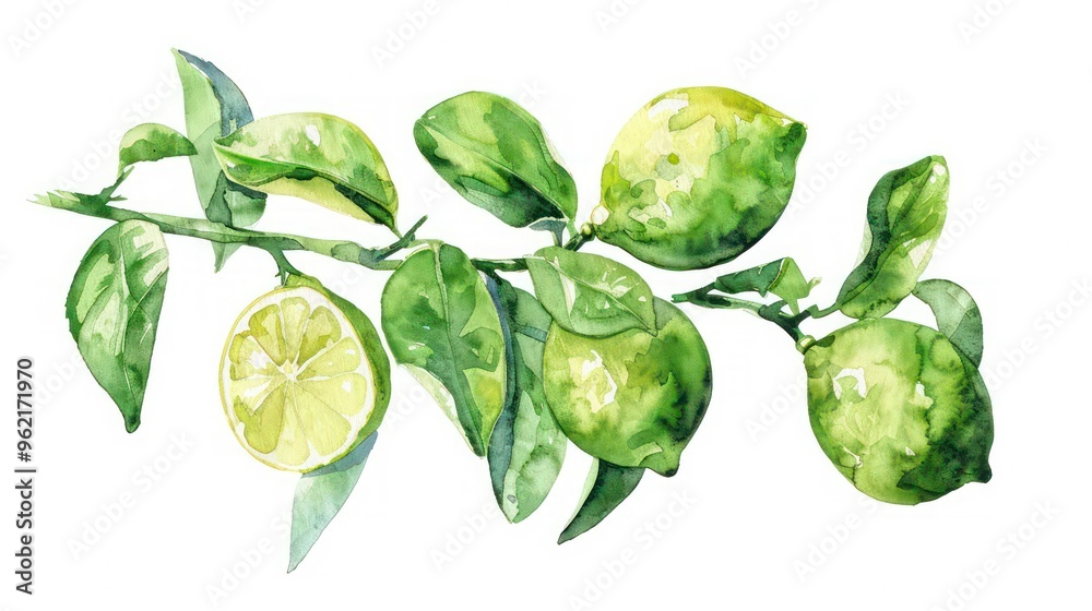 A watercolor painting of a lime branch with green leaves and ripe limes, including a sliced lime. A watercolor painting of a lime branch with green leaves and ripe limes, including a sliced lime.