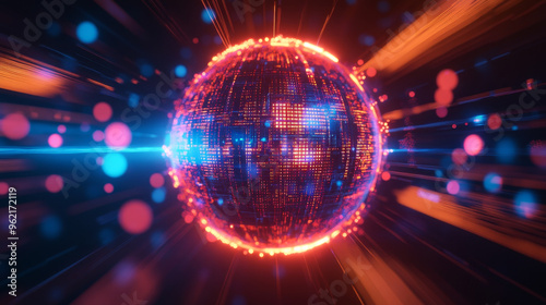 Futuristic data sphere with glowing neon lines and vibrant colors creates dynamic visual experience.