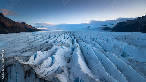 Icy Glacier Illuminated by Soft Blue Light Raw Power of Nature in Expansive Frozen Landscape Immense Ice Formation Stretching Toward Horizon