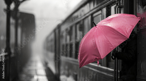 a black and white photo with a vintage train and a pink umbrella, umbrella, rain, weather, protection, parasol, red, woman, water, wet, autumn, season, sky, city, abstract, rainy, illustration, open, 