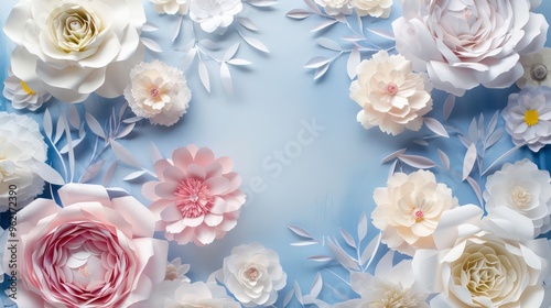 A blue background with paper flowers and leaves arranged in a frame shape.