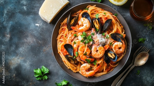 Delicious seafood pasta from above, with shrimp, clams, and mussels mixed in a rich tomato sauce, garnished with parsley and Parmesan cheese.