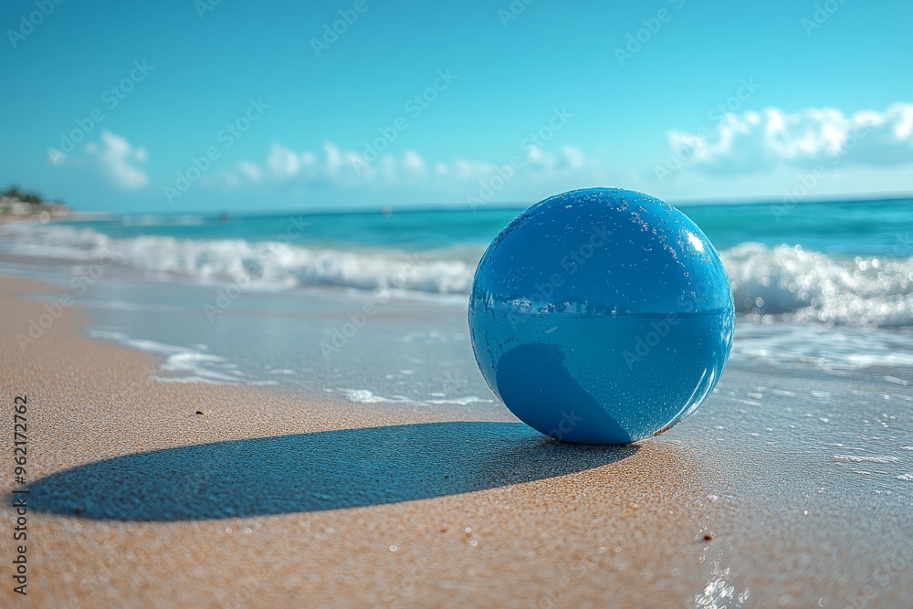 Obraz premium A blue beachball resting on golden sand by the ocean. Generative AI