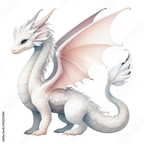 Watercolor white dragon clipart transparent background cutout png