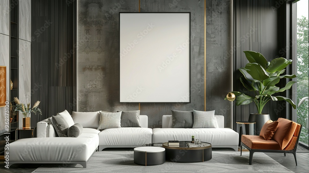 Mock-up of a poster frame in a modern living room with an Art Deco style. 3D render and illustration. Mock-up of a poster frame in a modern living room with an Art Deco style. 3D render and illustration.