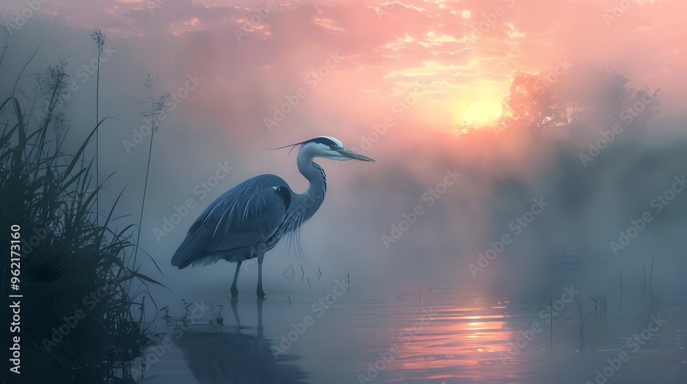 Fototapeta premium Heron in Misty Sunrise
