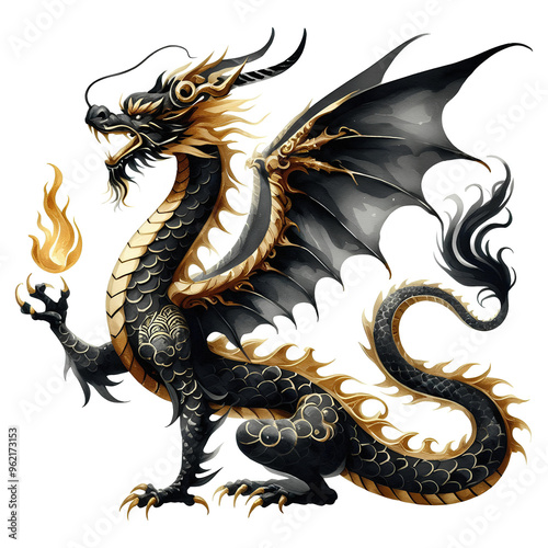 Watercolor gold black dragon clipart transparent background cutout png