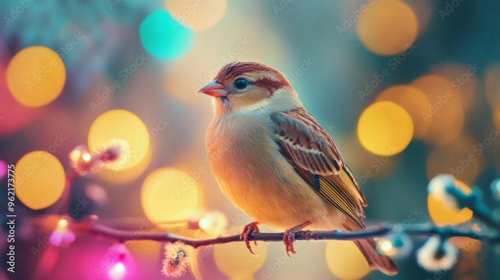 Detailed shot of a beautiful bird in profile, with a background of blurred, colorful lights that enhance the bird's natural beauty and vivid colors. Detailed shot of a beautiful bird in profile, with a background of blurred, colorful lights that enhance the bird's natural beauty and vivid colors.