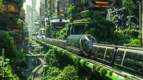 Futuristic city with green buildings and a high-speed train.