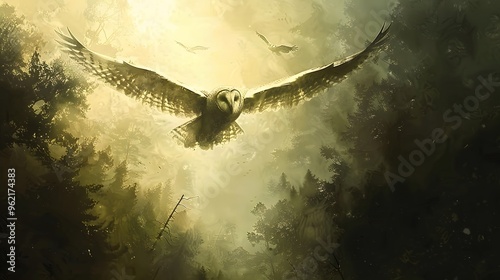 Majestic Owl Soaring Through Misty Forest