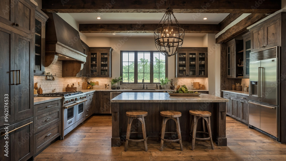 A Warm, Rustic Kitchen With Wooden Beams, Farmhouse-style Cabinets, And Vintage Appliances A Warm, Rustic Kitchen With Wooden Beams, Farmhouse-style Cabinets, And Vintage Appliances