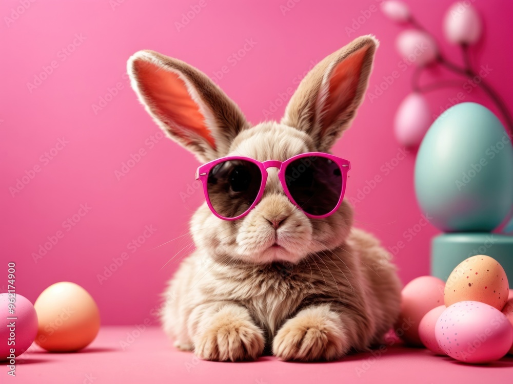 Fototapeta premium Cute Easter Bunny Dressed with Sunglasses on a Pink Background