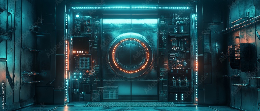 A futuristic room with a large circular door A futuristic room with a large circular door