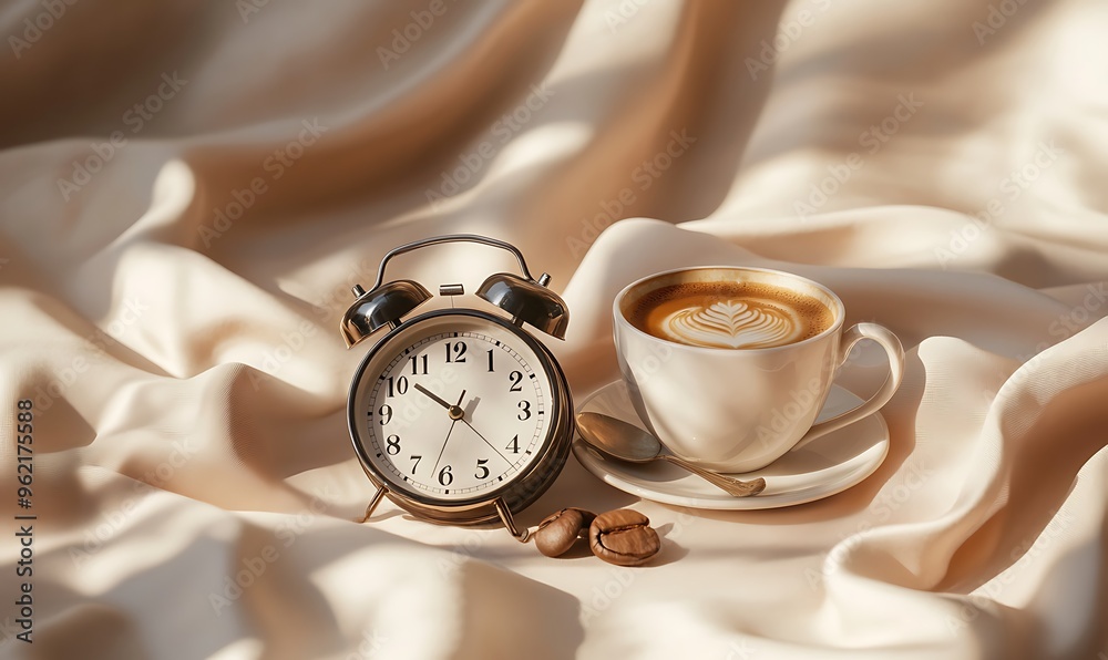 Alarm Clock, Coffee Cup, and Coffee Beans on a Beige Fabric Surface