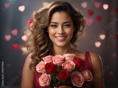 happy woman with bouquet of flowers for valentines day and romance or anniversary.