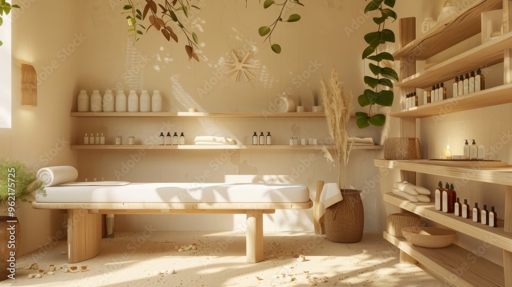 Serene and minimalist spa interior with a focus on natural materials and a calm color palette Serene and minimalist spa interior with a focus on natural materials and a calm color palette